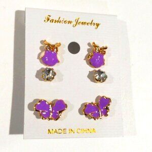 Gold Tone Purple Butterfly, Owl & Crystal Stud Earrings Set - Women's Jewelry